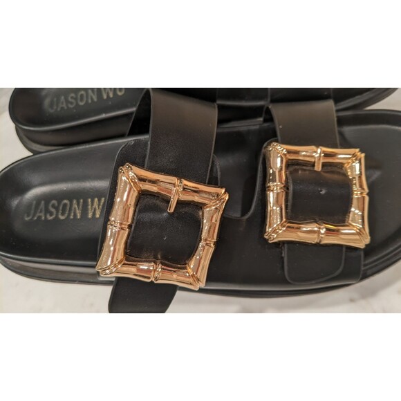 Women's JASON WU Marzan Luxe Black Leather Gold Buckles Slides Sandals 7.5 - Picture 3 of 11